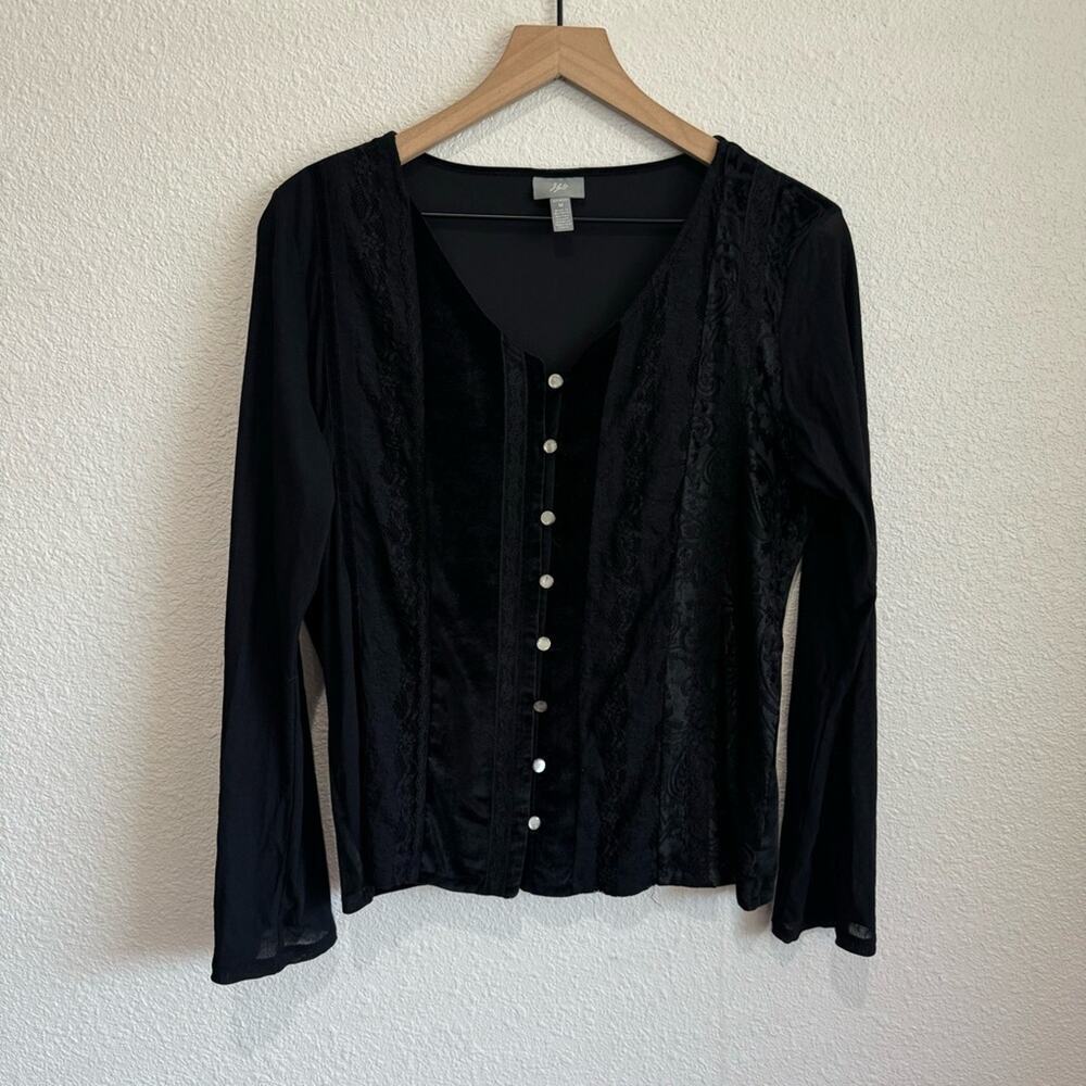 J. Jill Womens Black Velour Lace Mesh Burnout Button Front Cardigan Top Medium‎